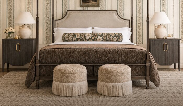 Canopy bed with patterned bolster and upholstered stools
